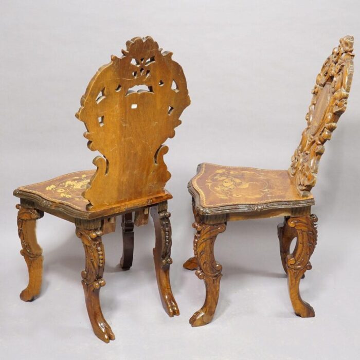 nutwood edelweis marquetry chairs swiss brienz 1900s a pair 7138