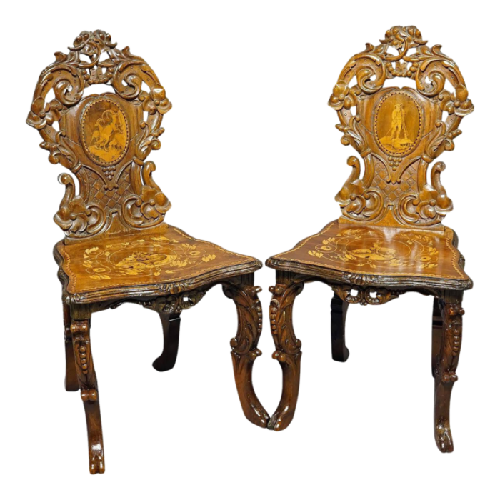 nutwood edelweis marquetry chairs swiss brienz 1900s a pair 9431