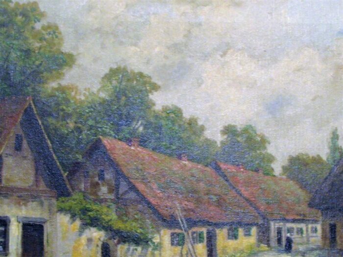 old german village oil on canvas painting by m j lenz 19th century framed 0802