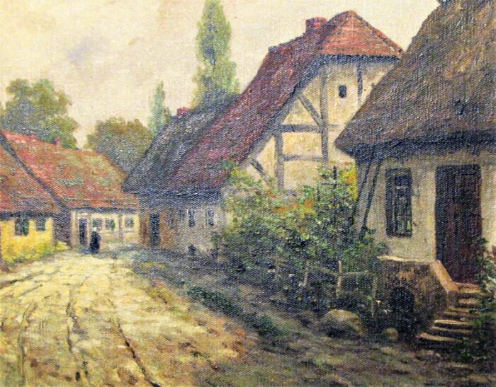 old german village oil on canvas painting by m j lenz 19th century framed 2563