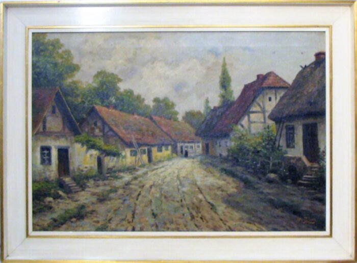 old german village oil on canvas painting by m j lenz 19th century framed 3509