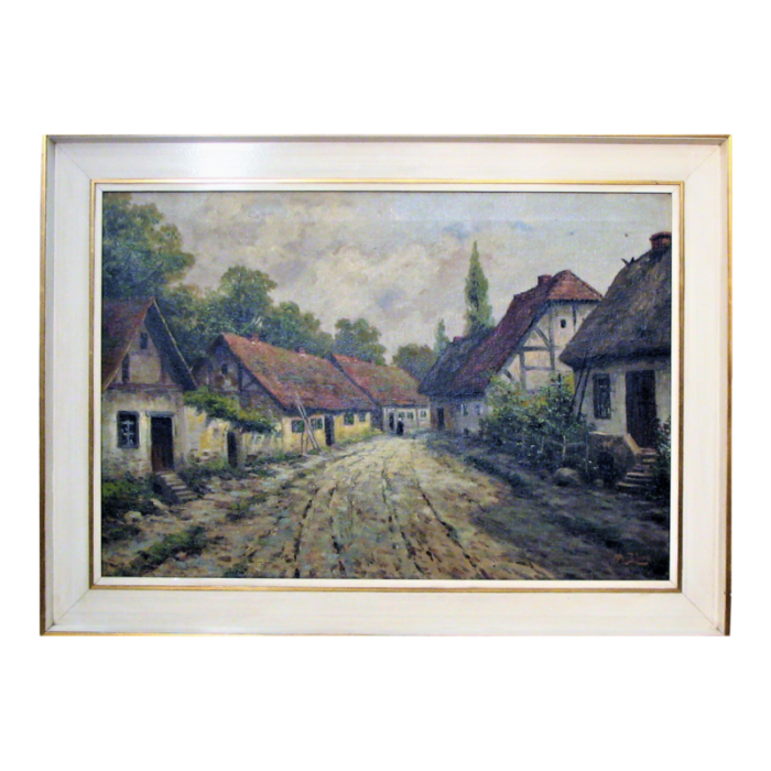 old german village oil on canvas painting by m j lenz 19th century framed 4875