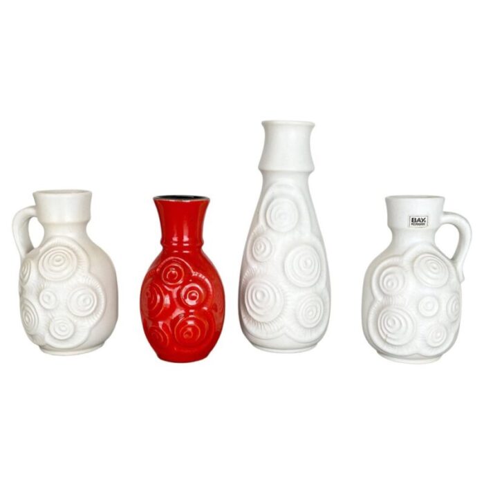 op art german red white fat lava pottery vases from bay ceramics set of 4 1