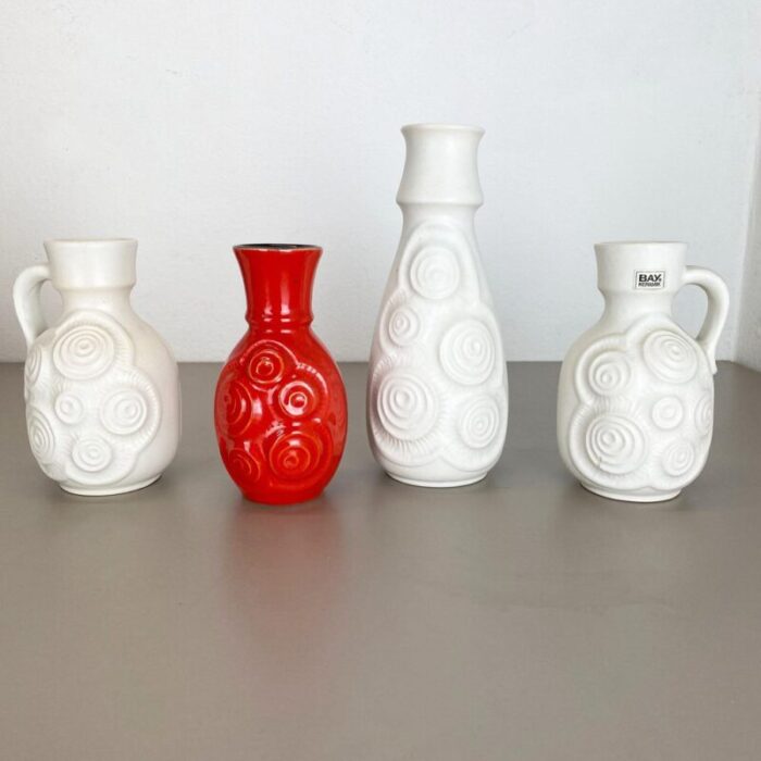 op art german red white fat lava pottery vases from bay ceramics set of 4 2