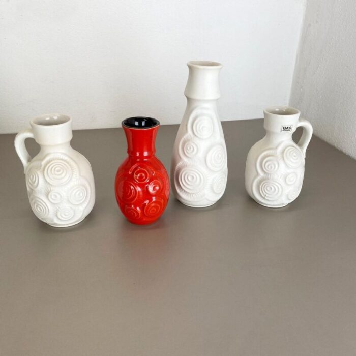 op art german red white fat lava pottery vases from bay ceramics set of 4 3