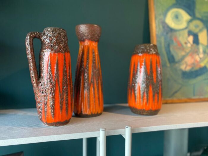 orange brown and red fat lava vases from scheurich set of 3 3