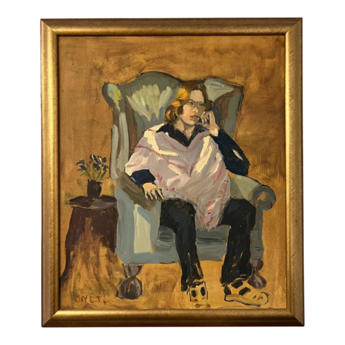 original mid 20th century oil on canvas painting young man sitting by cynthia thun 4162