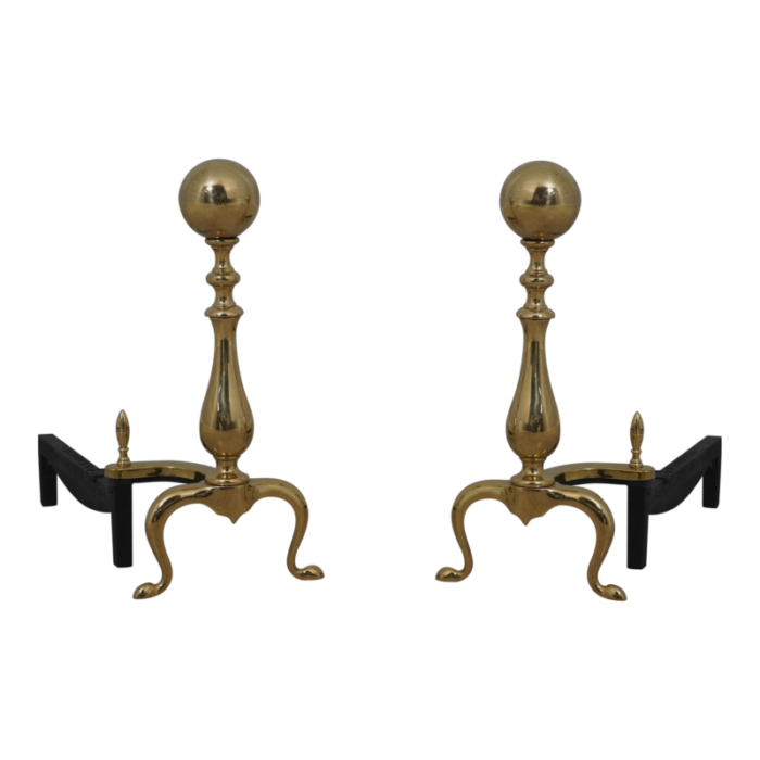 pair bennett brass cannonball fireplace andirons 8566