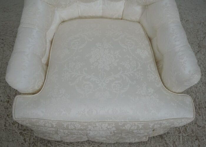 pair bright white damask upholstered club chairs 0958