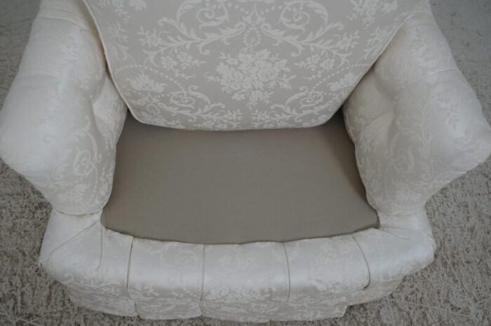 pair bright white damask upholstered club chairs 1452