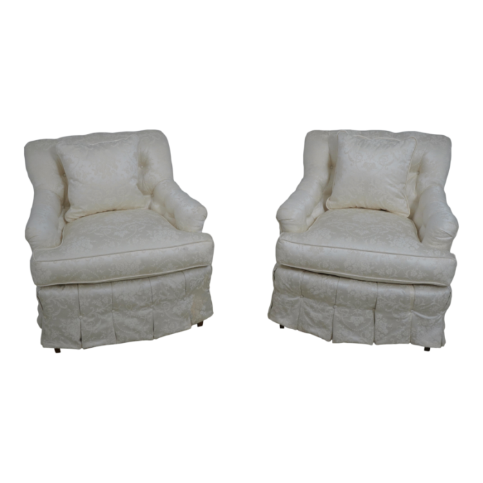 pair bright white damask upholstered club chairs 6080