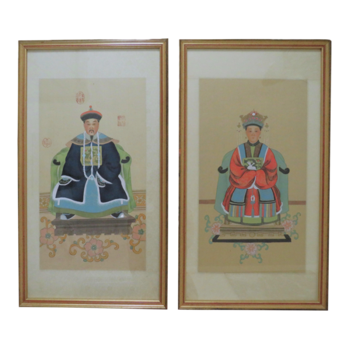 pair of antique chinese ancestral portrait watercolor paintings asian oriental 3624