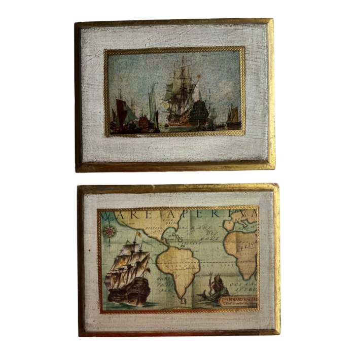 pair of antique italian florentine nautical and map wall plaques 7076