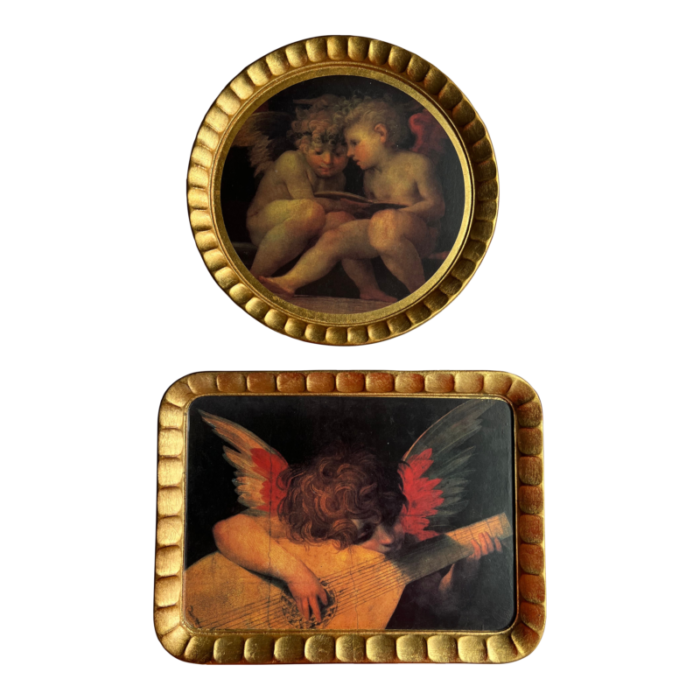 pair of gold italian trays with cherubs 8452