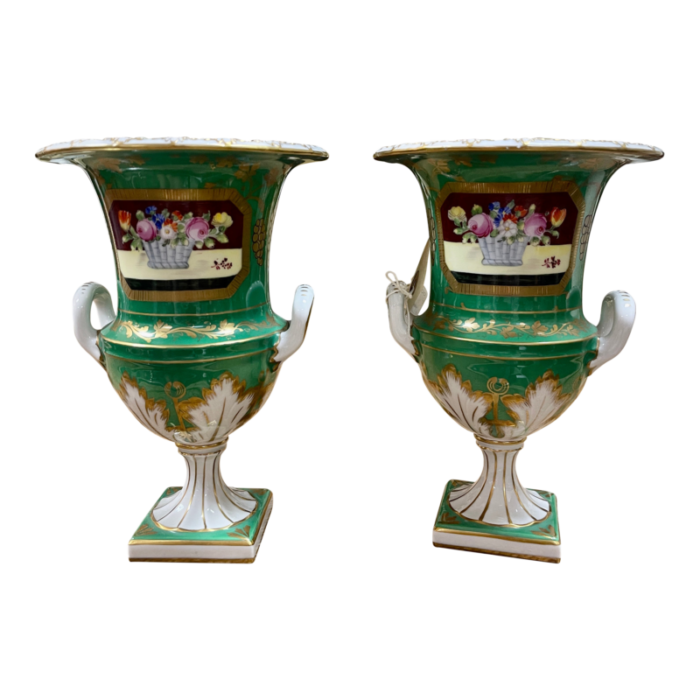 pair of mid 20th c dresden porcelain handled urns 1799