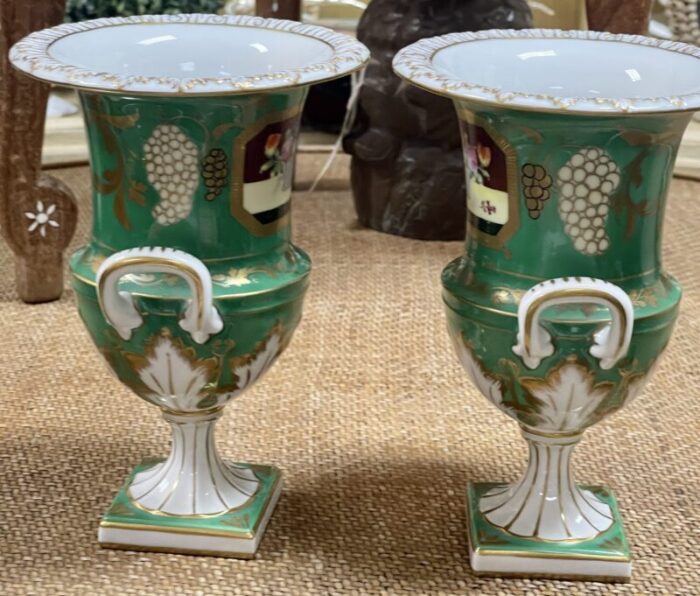 pair of mid 20th c dresden porcelain handled urns 7731