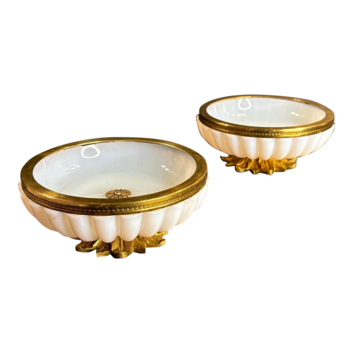 pair of opaline glass footed bowls brass mounts france circa 1940 1056