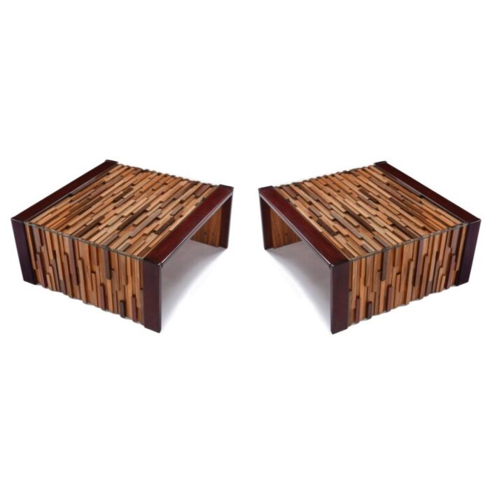 pair of post modern percival lafer brutalist parquet low profile brazilian modern side tables 2661