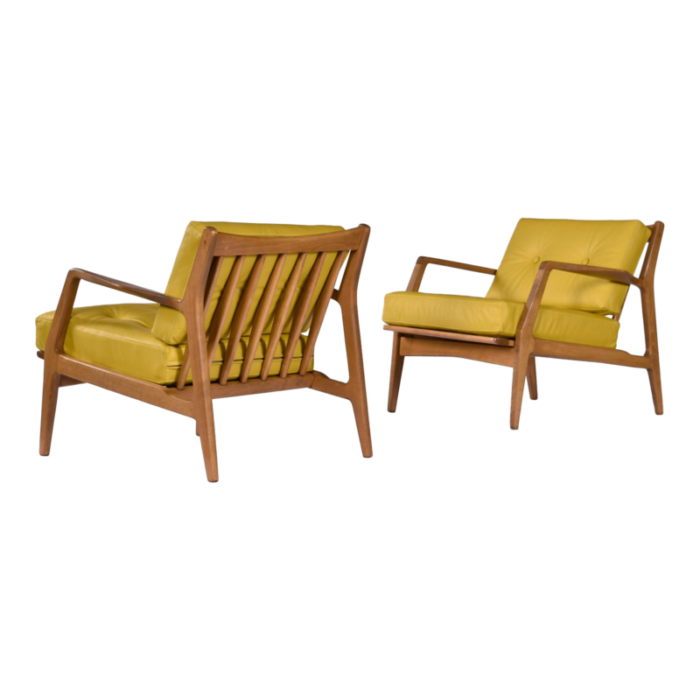 pair of restored mid century modern lawrence peabody lounge chairs in new yellow leather 3225