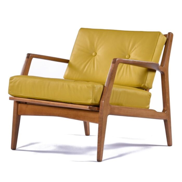 pair of restored mid century modern lawrence peabody lounge chairs in new yellow leather 4166