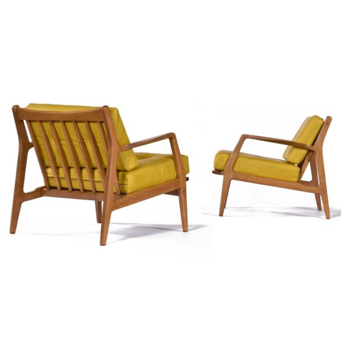 pair of restored mid century modern lawrence peabody lounge chairs in new yellow leather 5573