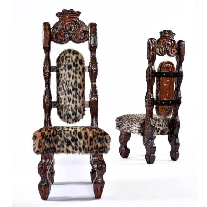 pair of restored vintage witco hand carved high back rustic throne chairs in faux leopard fur 0328