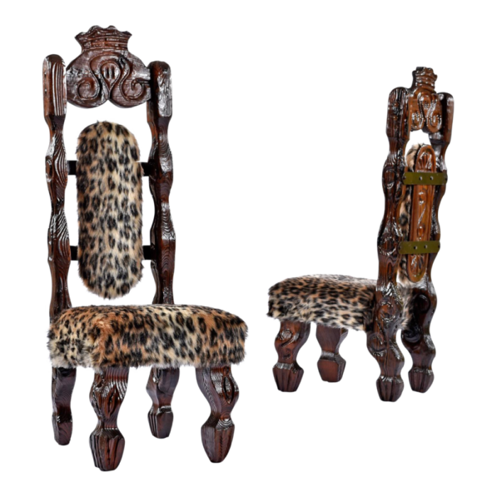 pair of restored vintage witco hand carved high back rustic throne chairs in faux leopard fur 2373