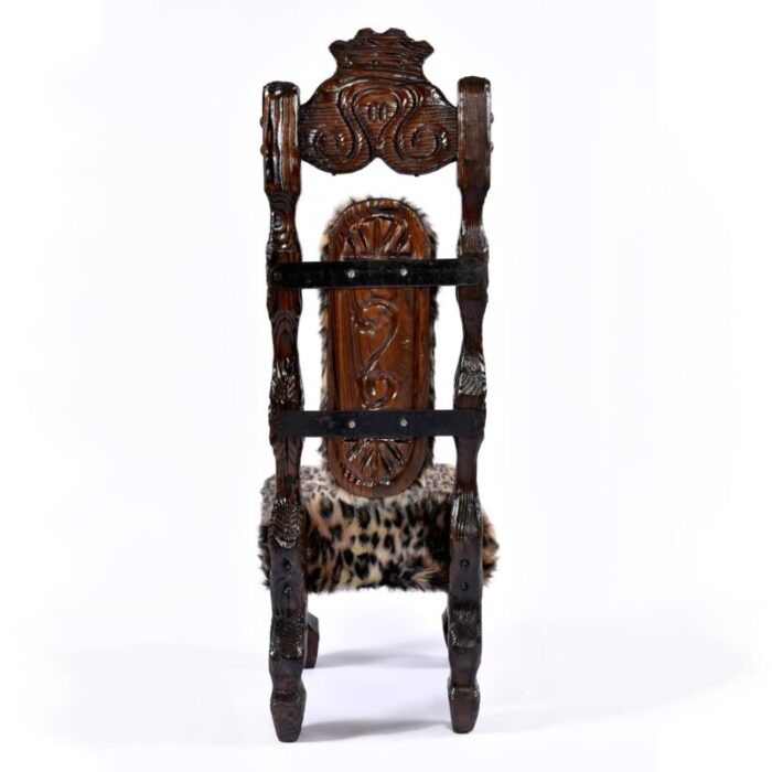 pair of restored vintage witco hand carved high back rustic throne chairs in faux leopard fur 2692