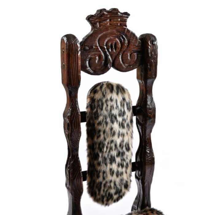 pair of restored vintage witco hand carved high back rustic throne chairs in faux leopard fur 3027