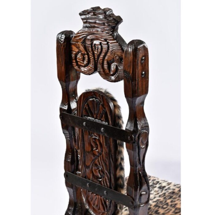 pair of restored vintage witco hand carved high back rustic throne chairs in faux leopard fur 4656