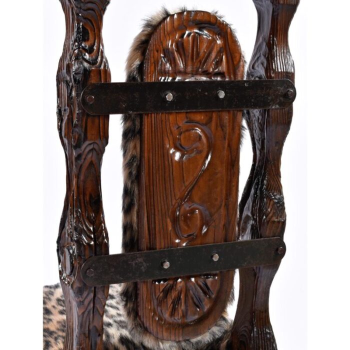 pair of restored vintage witco hand carved high back rustic throne chairs in faux leopard fur 4920