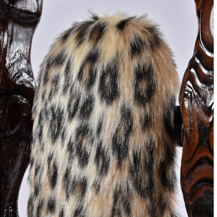 pair of restored vintage witco hand carved high back rustic throne chairs in faux leopard fur 5497