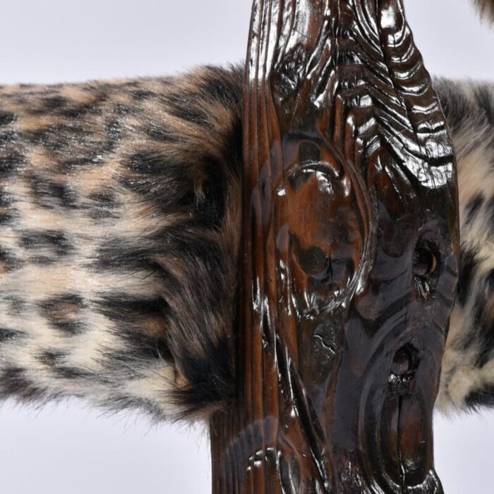 pair of restored vintage witco hand carved high back rustic throne chairs in faux leopard fur 8140