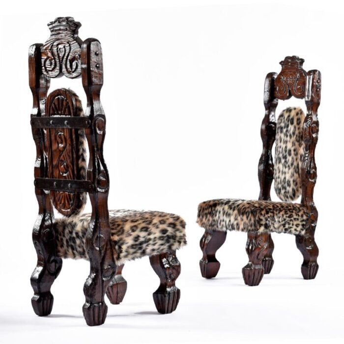 pair of restored vintage witco hand carved high back rustic throne chairs in faux leopard fur 8797