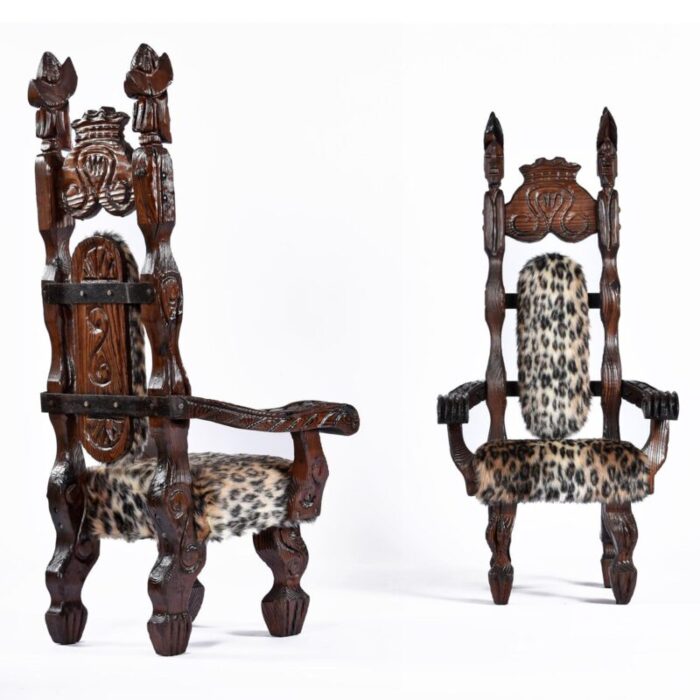 pair of restored witco conquistador vintage tiki throne chairs in new faux leopard fur 0781