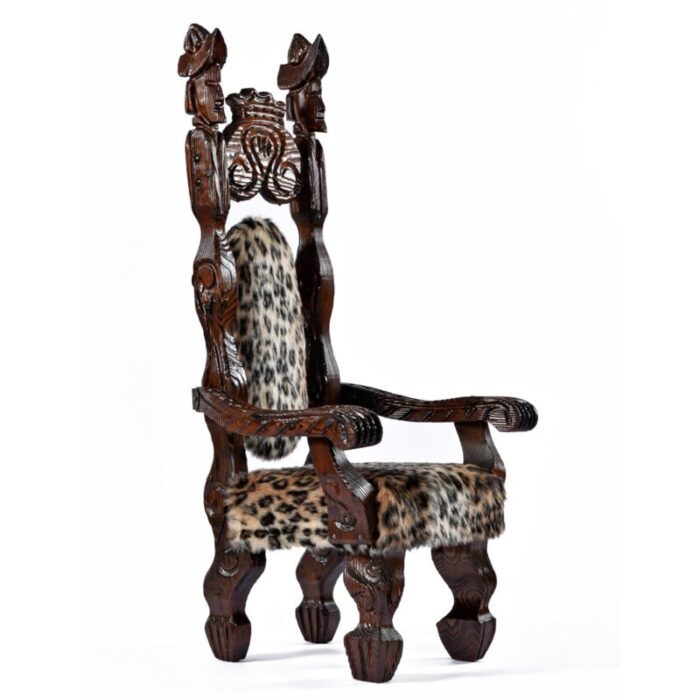 pair of restored witco conquistador vintage tiki throne chairs in new faux leopard fur 1562