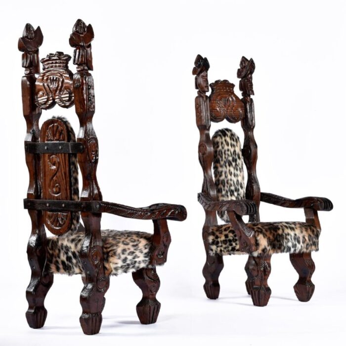 pair of restored witco conquistador vintage tiki throne chairs in new faux leopard fur 2191