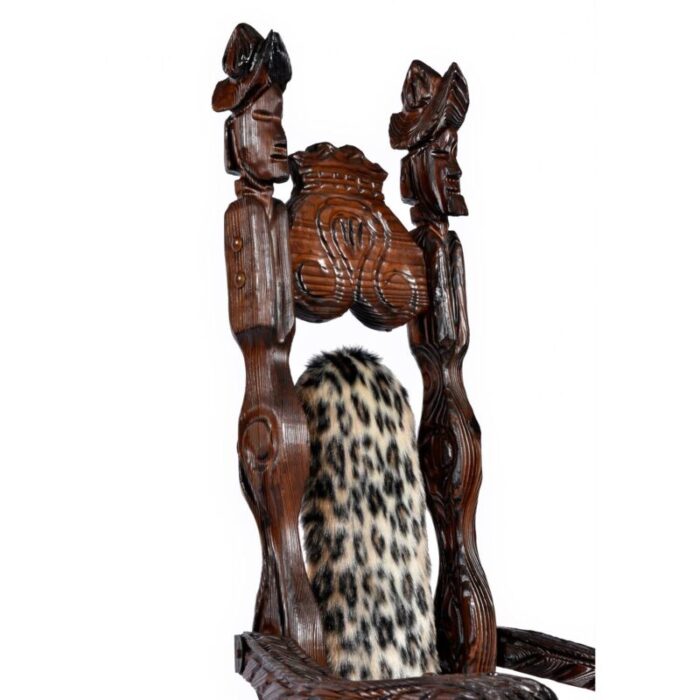 pair of restored witco conquistador vintage tiki throne chairs in new faux leopard fur 3147