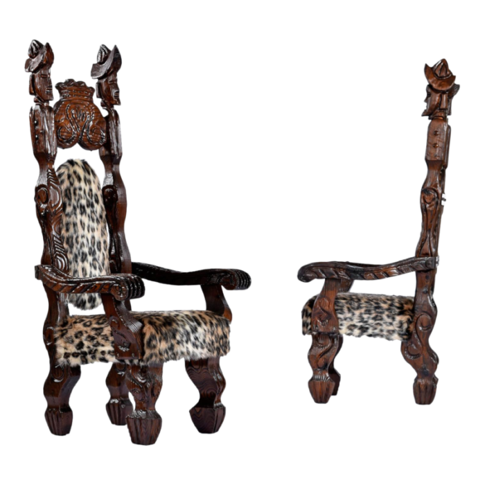 pair of restored witco conquistador vintage tiki throne chairs in new faux leopard fur 3849