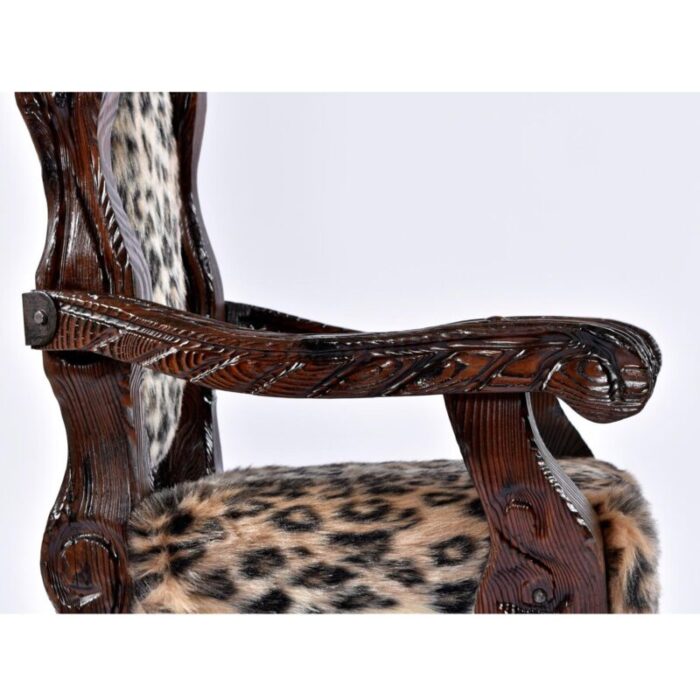 pair of restored witco conquistador vintage tiki throne chairs in new faux leopard fur 7919