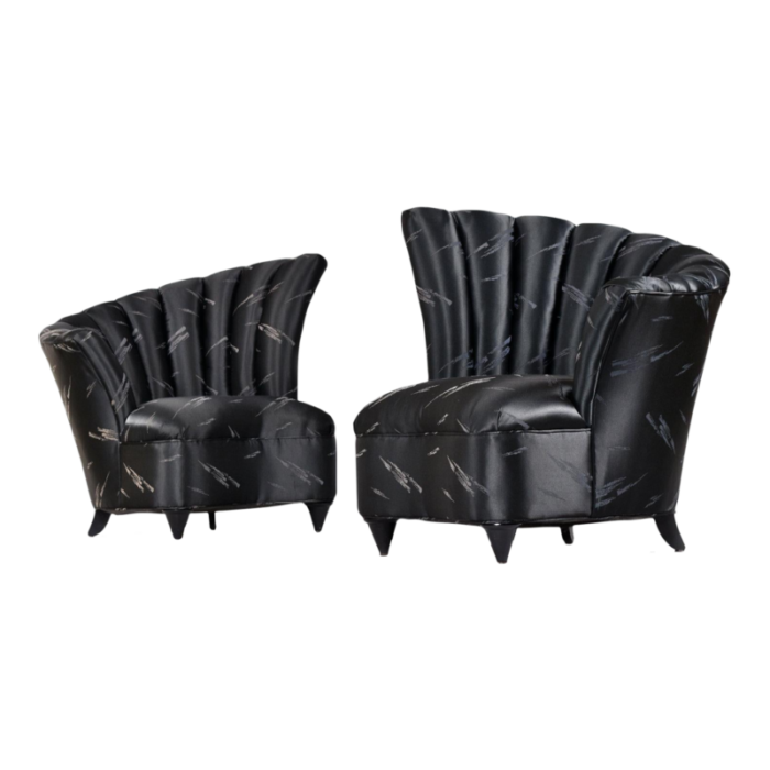 pair of vintage 1980s art deco style black fan back slipper chairs 6504