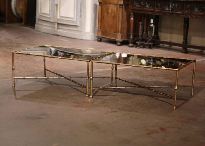 pair of vintage french faux bamboo brass coffee tables maison bagues paris style 0230