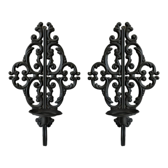 pair of vintage gothic black metal candle sconces pillar or candlesticks 6389