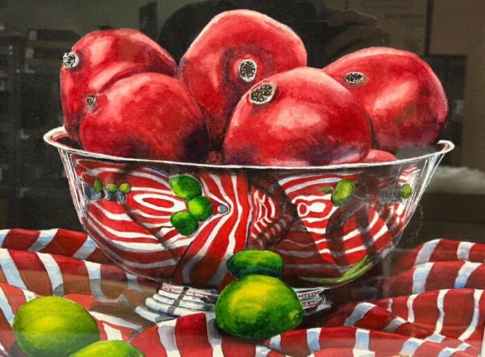 pomegranates and limes original watercolor painting by karen frattali pwcs 9250