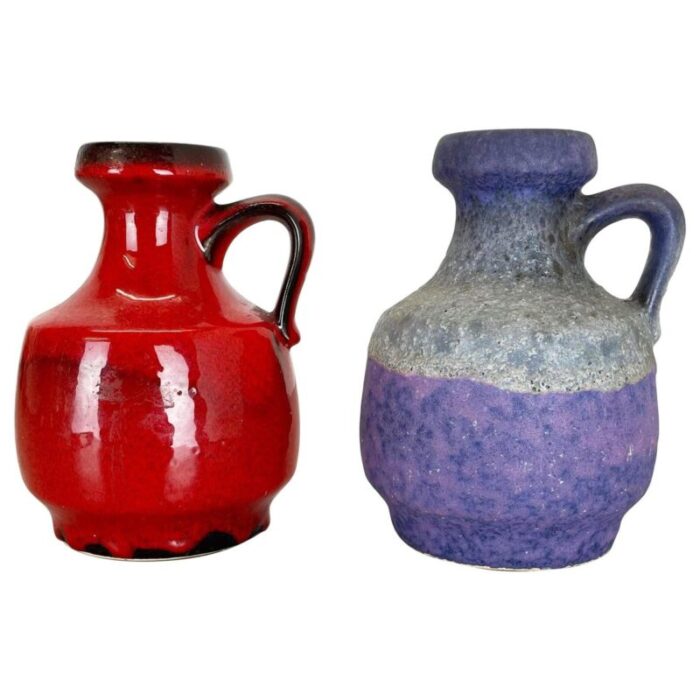 pottery fat lava vases in purple red by jopeko germany 1970s set of 2 1