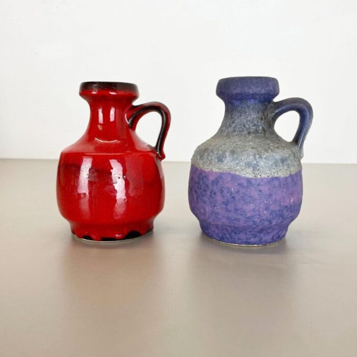 pottery fat lava vases in purple red by jopeko germany 1970s set of 2 2