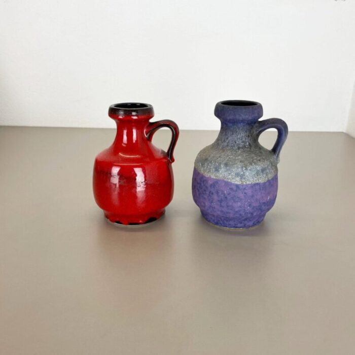 pottery fat lava vases in purple red by jopeko germany 1970s set of 2 3