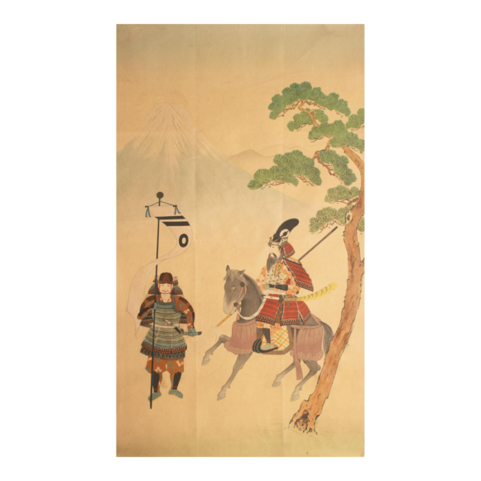 pre 1940 showa era japanese print on silk the two warriors 0823