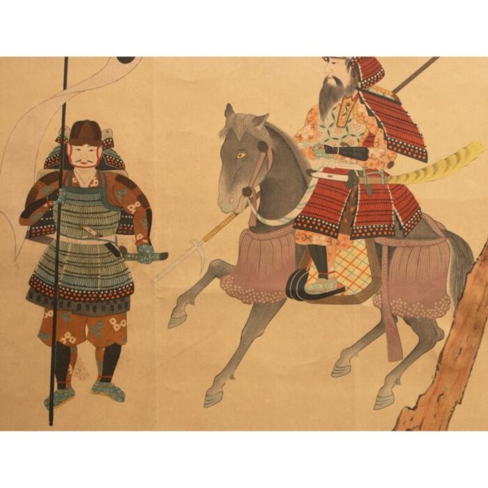 pre 1940 showa era japanese print on silk the two warriors 4564