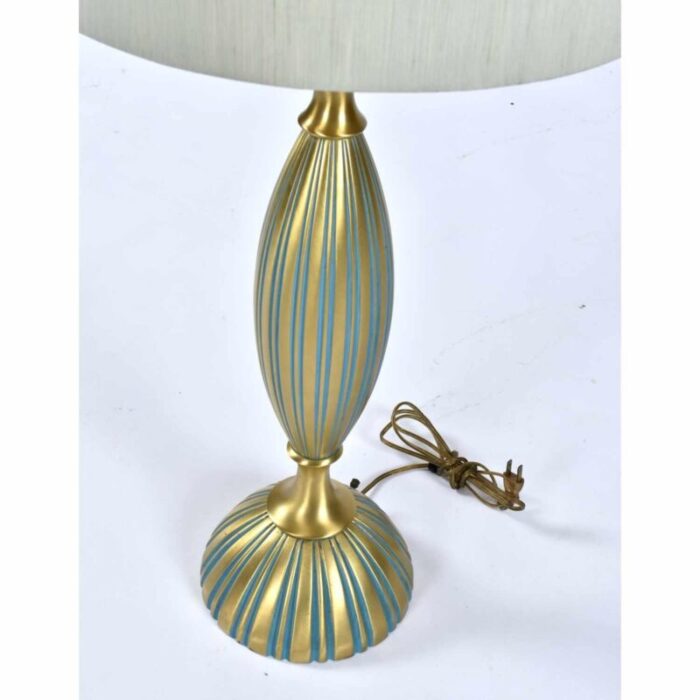 rembrandt gold and teal mid century modern hour glass shaped table lamp with shade 4125